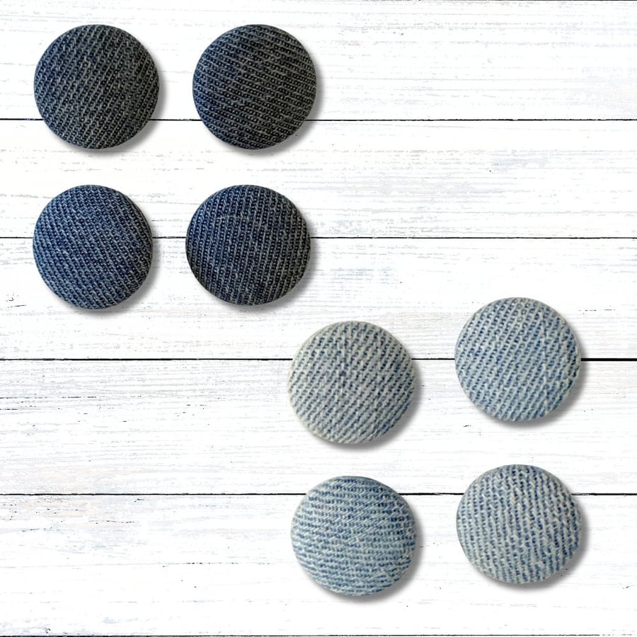 Handmade Fabric Covered Buttons, Set of 4, Denim Buttons, 23mm