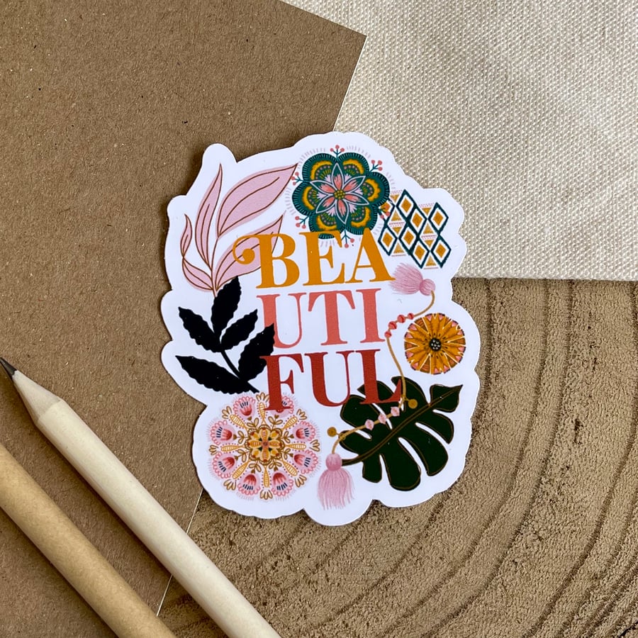 Beautiful Boho Floral Matte Vinyl Large Sticker - Folksy
