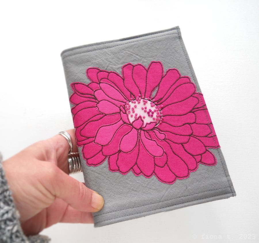 A6 free motion and hand embroidered floral notebook - bright pink