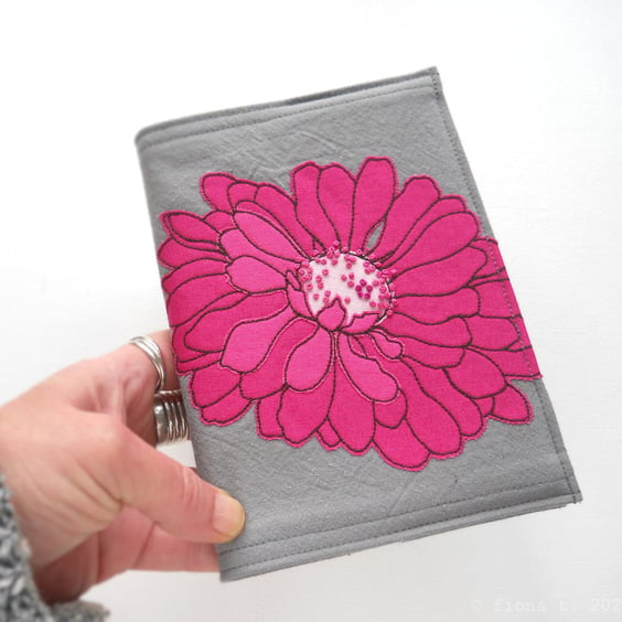 A6 free motion and hand embroidered floral notebook - bright pink