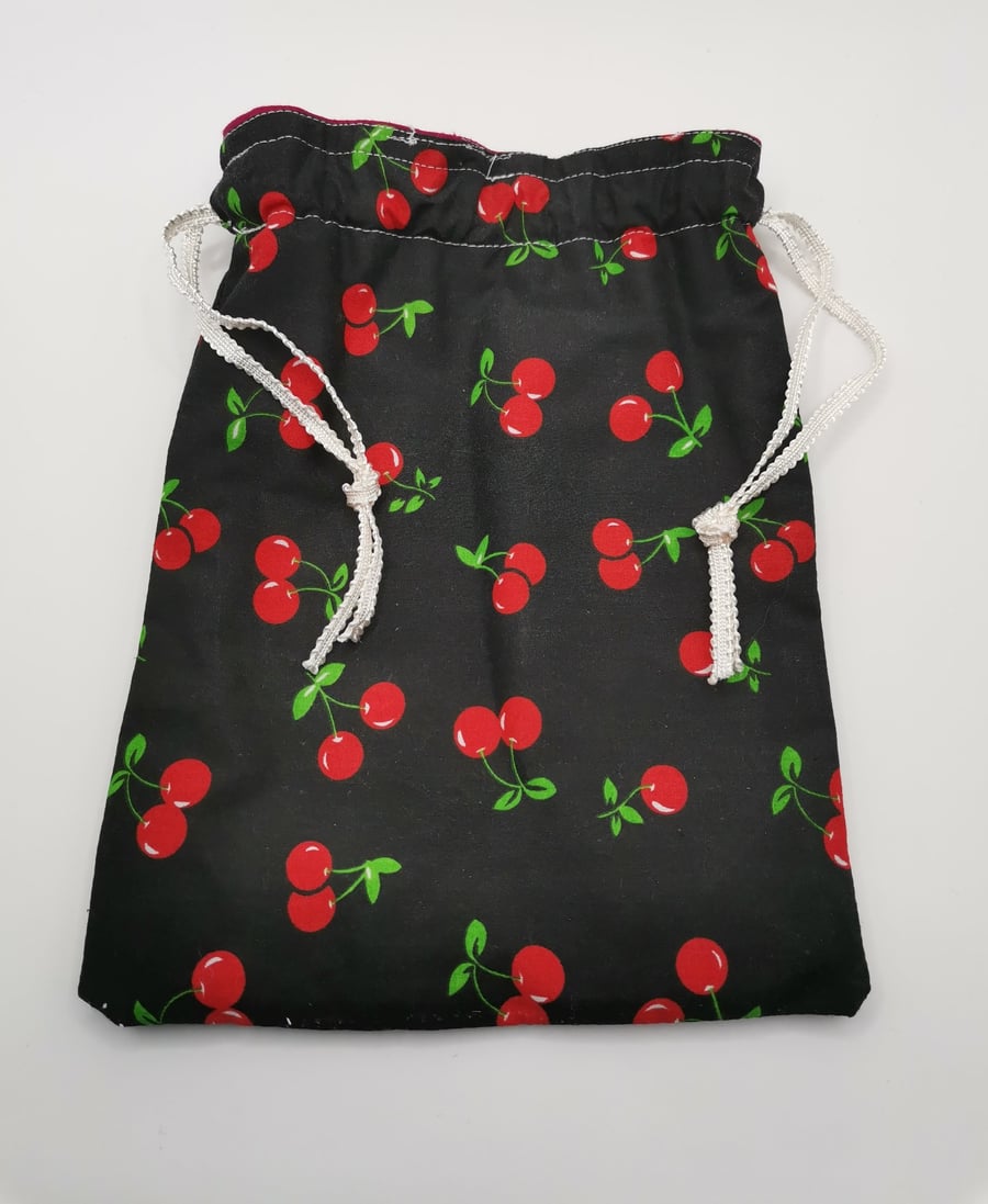 Handmade Cherry Fabric Drawstring Bag