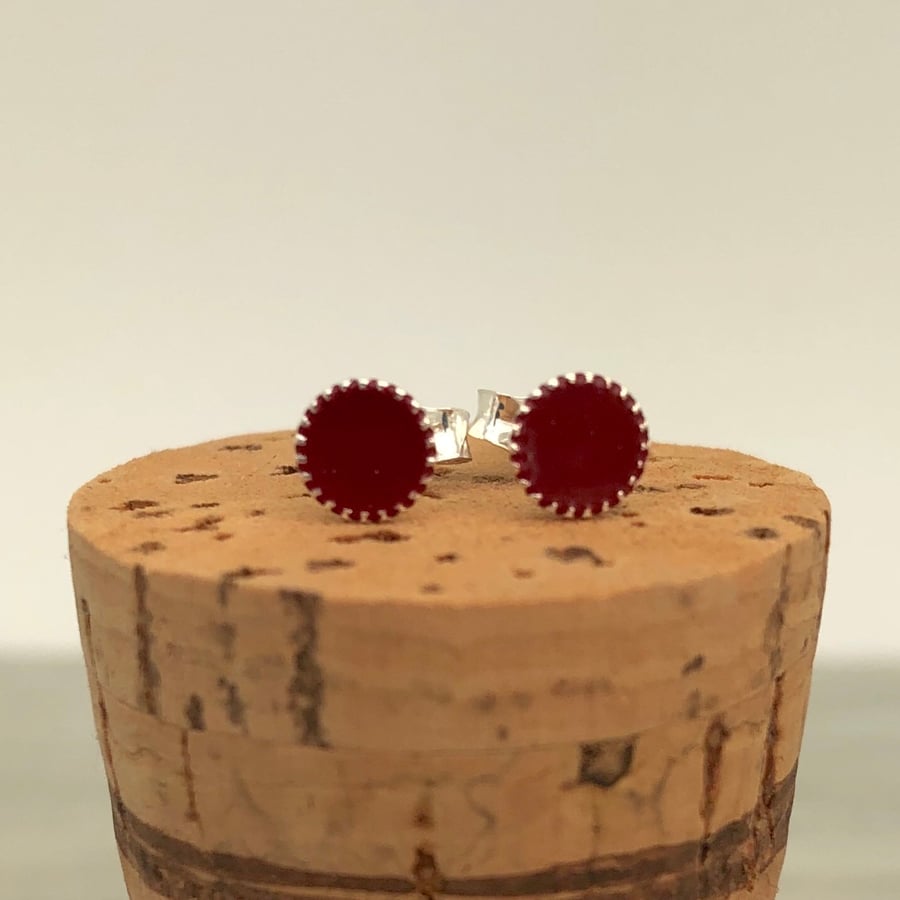 Sterling Silver Hand Enamelled Stud Earrings. Dark red stud earrings. 