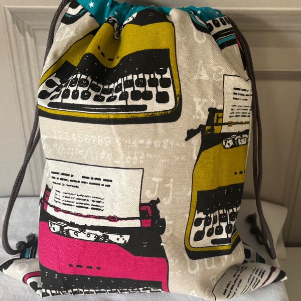 Typewriter themed drawstring bag