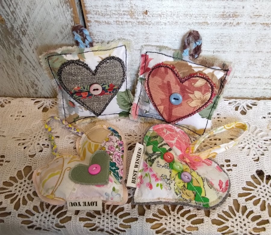 Handmade Lavender Heart Sachets, Upcycled Fabric Shabby Chic Home Fragrance