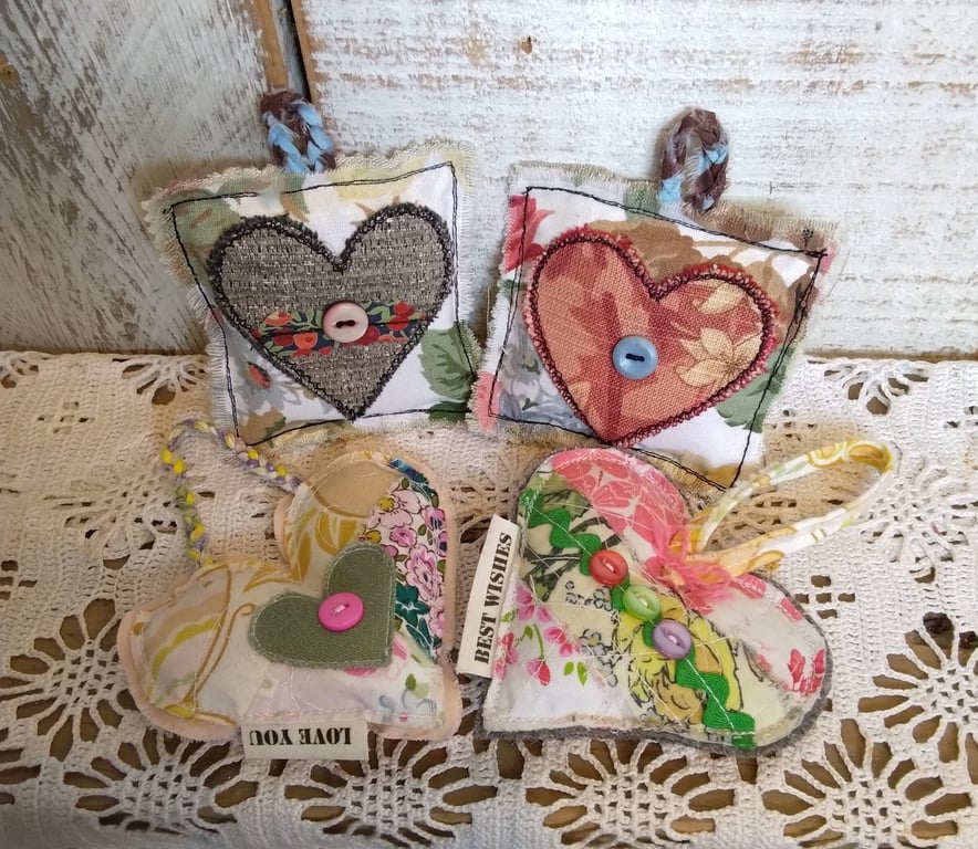 Handmade Lavender Heart Sachets, Upcycled Fabric Shabby Chic Home Fragrance