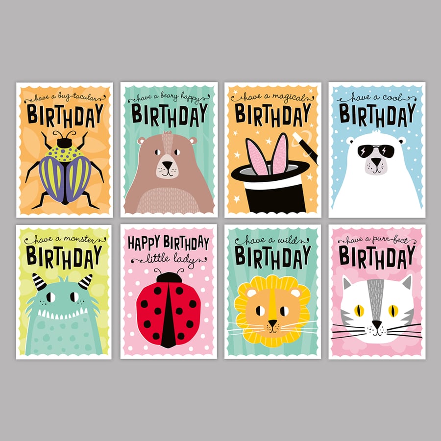 Kids birthday card 8-pack - kids party cards - children's birthday multipack
