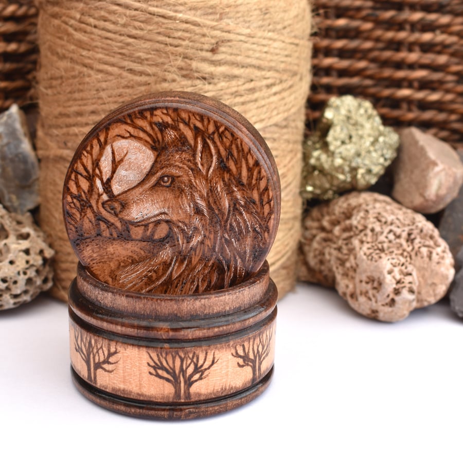 Wooden pyrography wolf in the forest trinket pot with place on lid