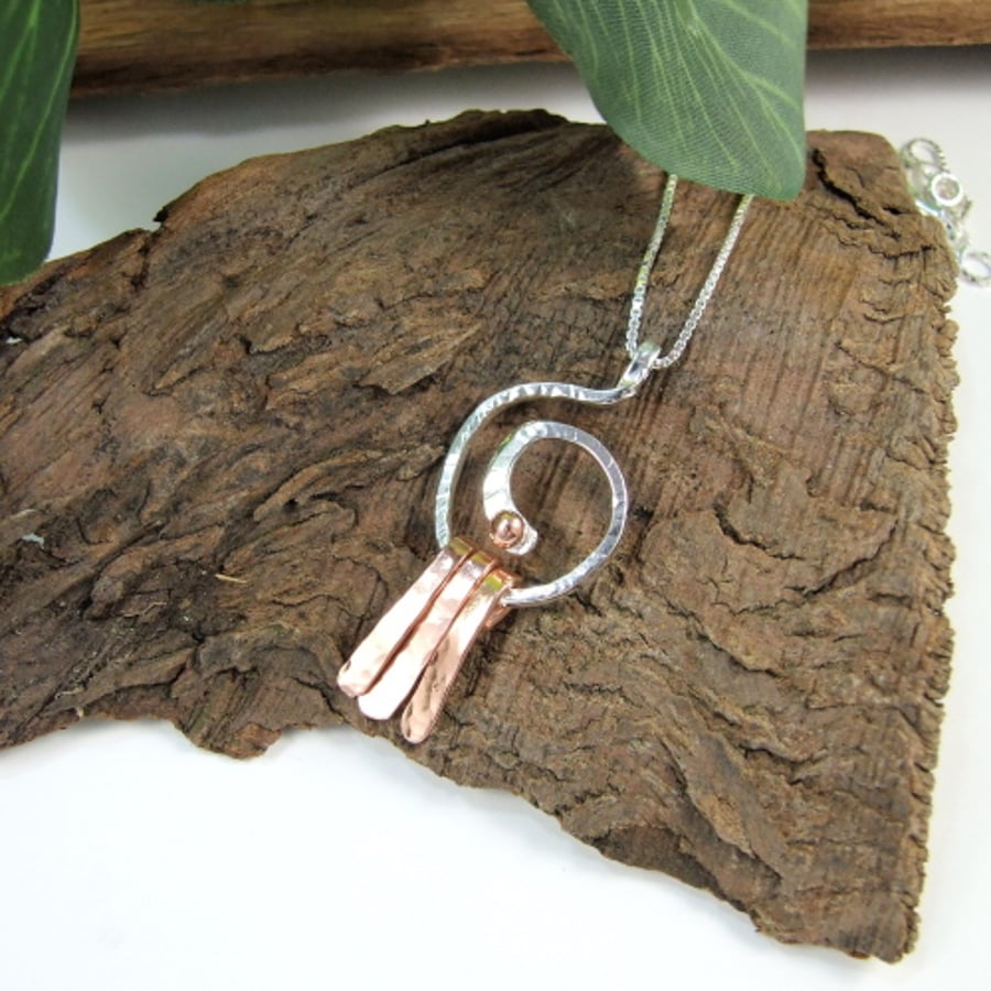 Spiral Pendant, Sterling Silver and Copper Necklace