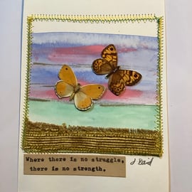 Butterflies, original art. Stitched mixed media. Struggle, comfort, hope. 