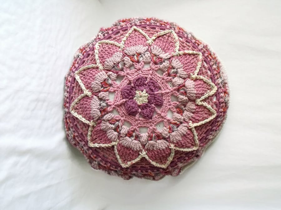  dusky pink and cream crocheted mandala scatter cushion