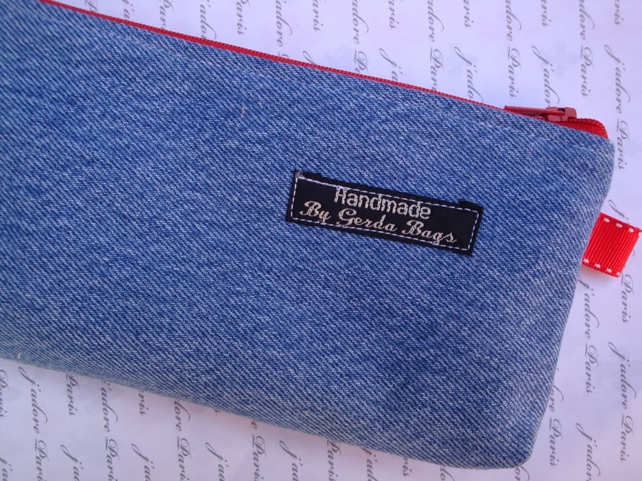  Handmade Denim  Zipper Pencil case - make up bag - appliqued Umbrellas .