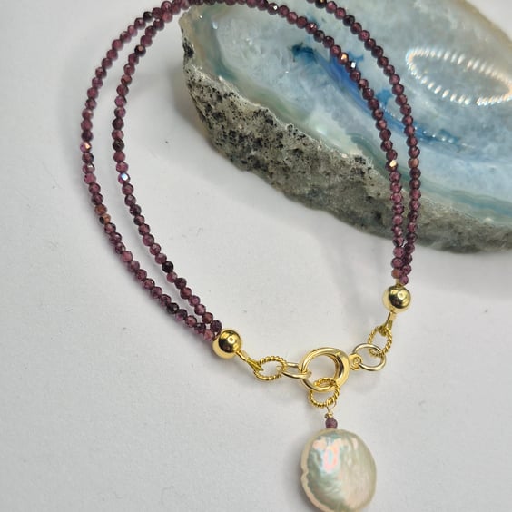Natural Garnet & Freshwater Pearl Double Strand Bracelet – Gold Plated Sterling 