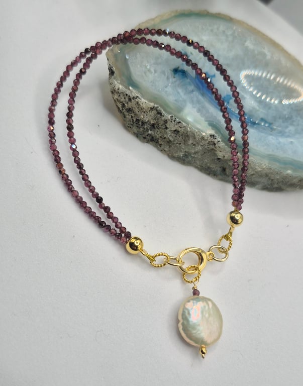 Natural Garnet & Freshwater Pearl Double Strand Bracelet – Gold Plated Sterling 
