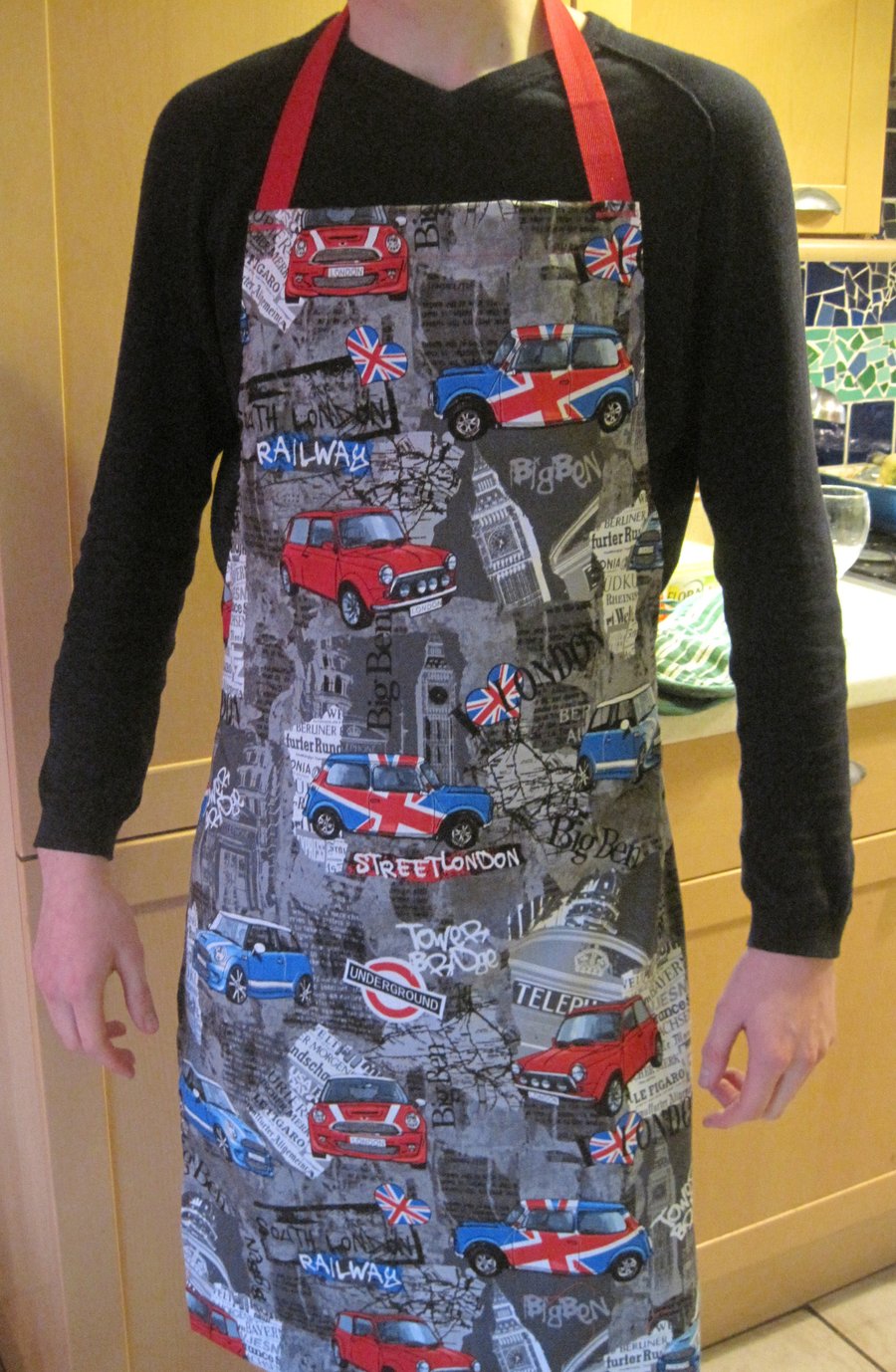 GAYPRON Apron in Benartex Fabric featuring London Bridge Mini Cars UK Union Jack
