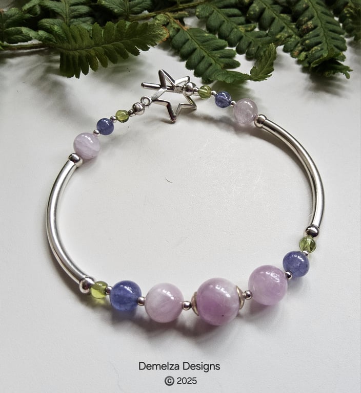 Designer Pink AA Grade kunzite, Tanzanite & Peridot Sterling Silver Bangle