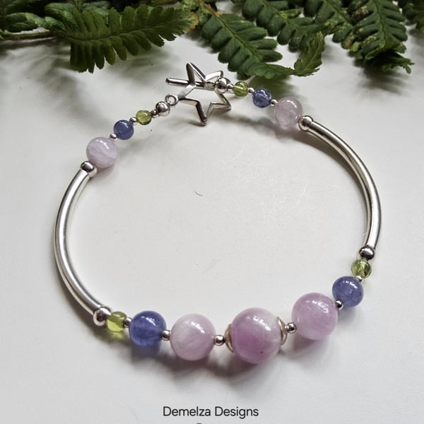 Designer Pink AA Grade kunzite, Tanzanite & Peridot Sterling Silver Bangle