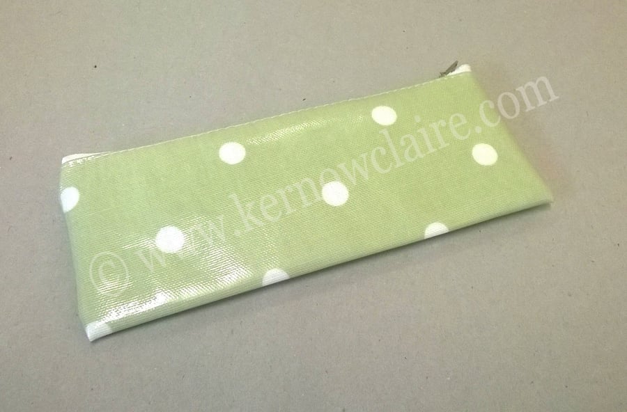 SALE - Pencil case in pale green with spots, skinny style, Free UK postage