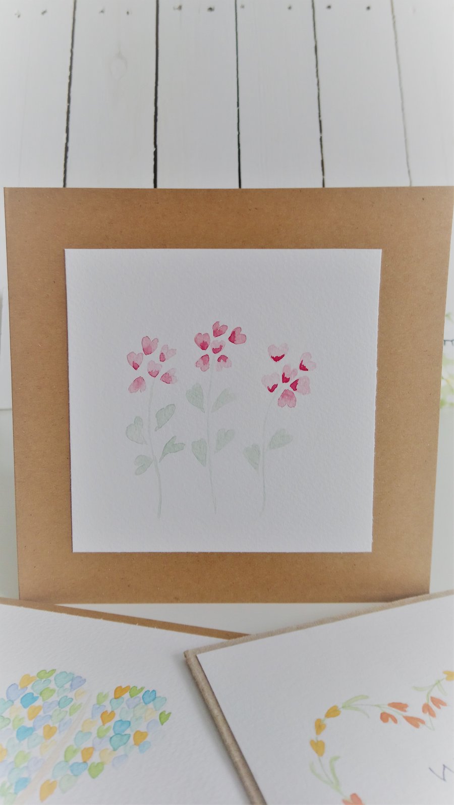 Original Hand Painted Pink & Red Heart Flowers Blank Card