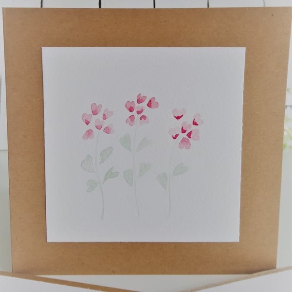 Original Hand Painted Pink & Red Heart Flowers Blank Card