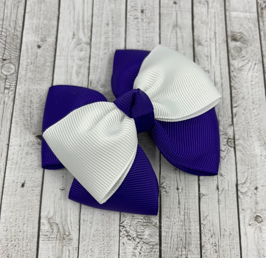 Purple and White Top Knot Bow on Clip