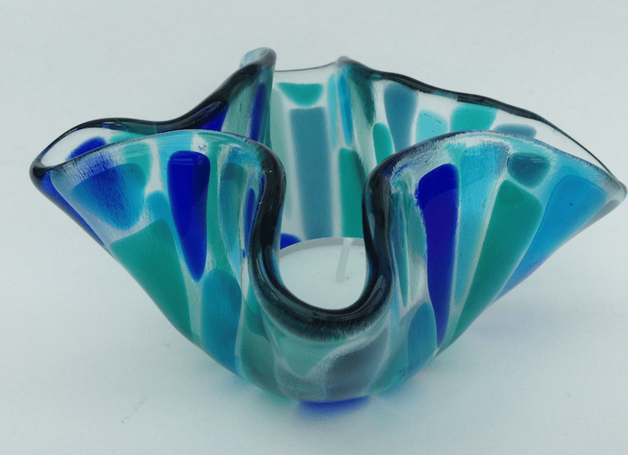 Fused glass tea light holder ornament, blue and green