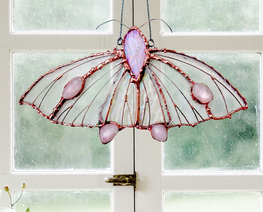 Stained Glass Rose Quartz Moon Moth  Suncatcher Window Ornament