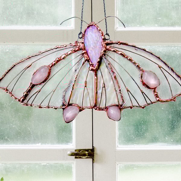 Stained Glass Rose Quartz Moon Moth  Suncatcher Window Ornament