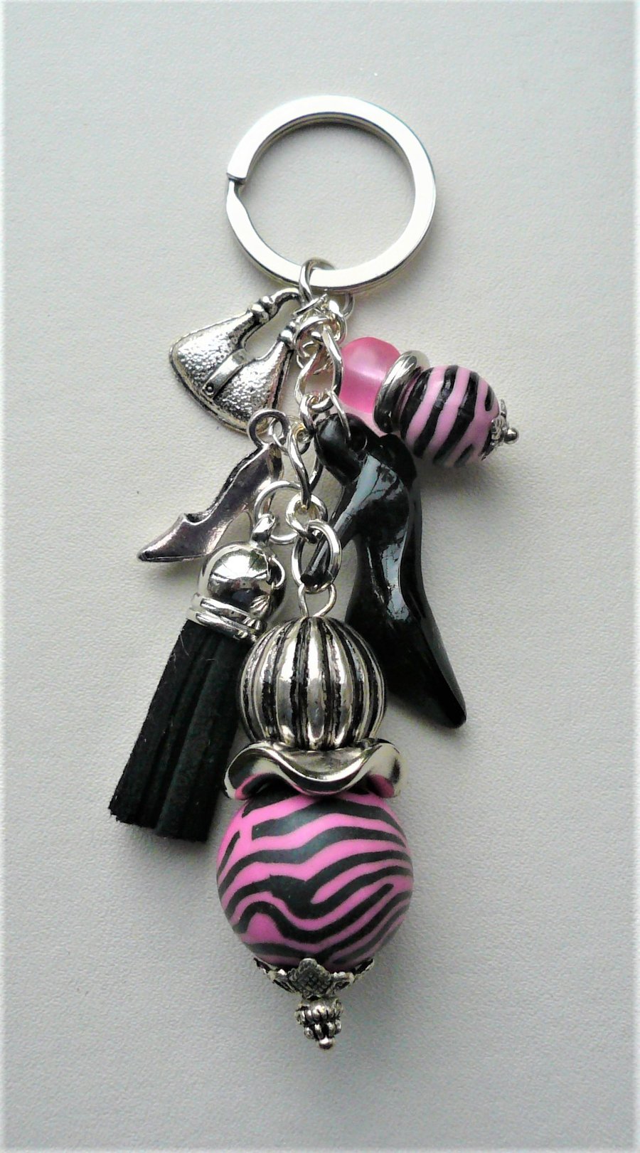 Keyring Bag Charm Bright Pink Black Zebra Print Shoe Handbag Tassel KCJ1585