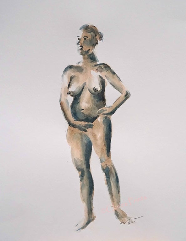 Female Nude Standing Original Watercolour Art Painting 