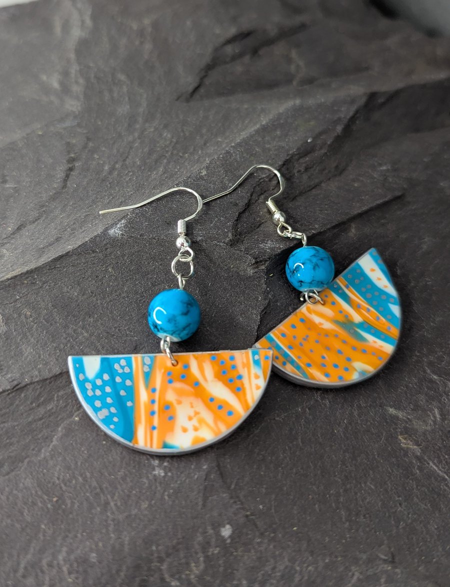 Bold Semi-Circle Polymer Clay Earrings with Turquoise Beads
