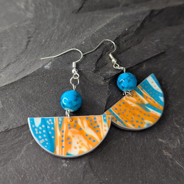Bold Semi-Circle Polymer Clay Earrings with Turquoise Beads