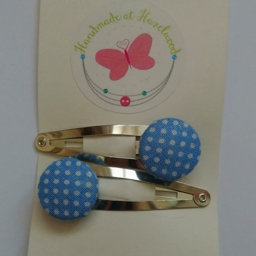Blue and White Spotted Fabric Covered Button Hair Clips