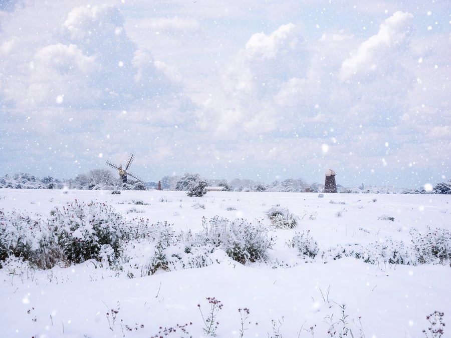 Windmills Norfolk Broads Snow Norfolk Christmas Greeting Card A5