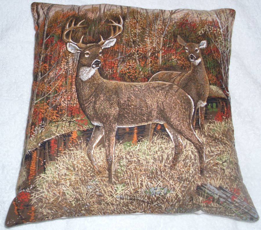 Stag and Deer in an Autumnal forest cushion