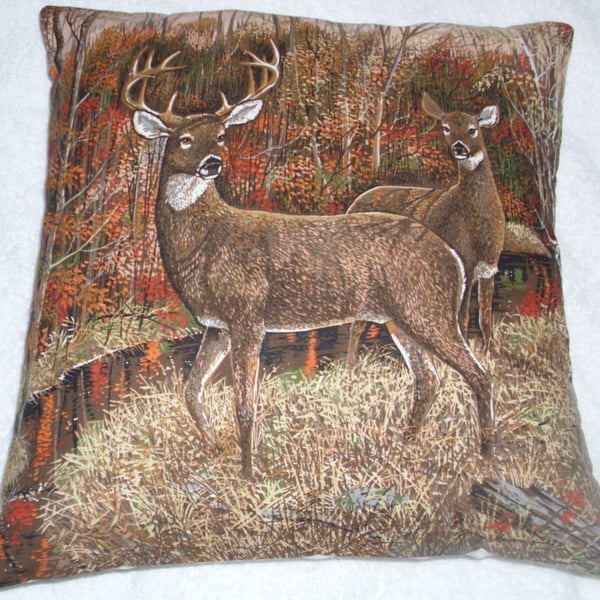 Stag and Deer in an Autumnal forest cushion