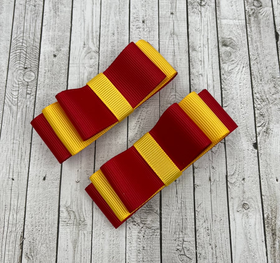 School Red and Yellow Gold 3 inch Straight Bows on Clips (pair)