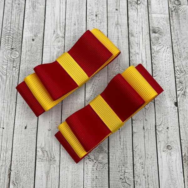 School Red and Yellow Gold 3 inch Straight Bows on Clips (pair)