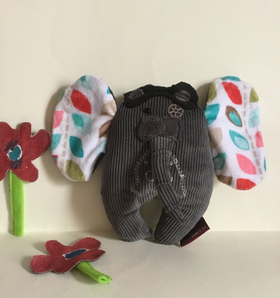 Goggled Steampunk Handmade Elephant Plushie with Skull, Gift, Nursery