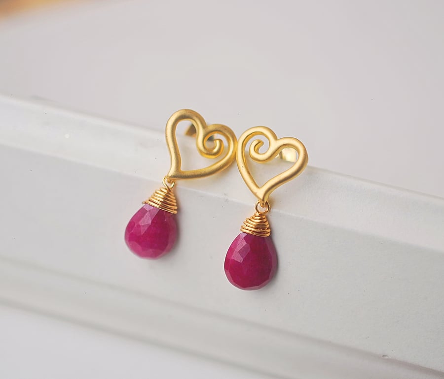 18k gold plated genuine ruby dangle heart stud earrings, natural ruby earrings