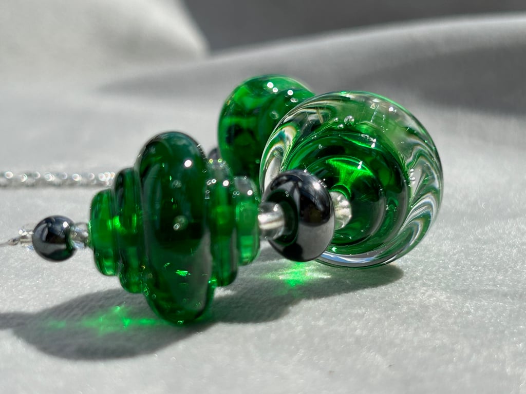 dark green lampwork glass beaded necklace