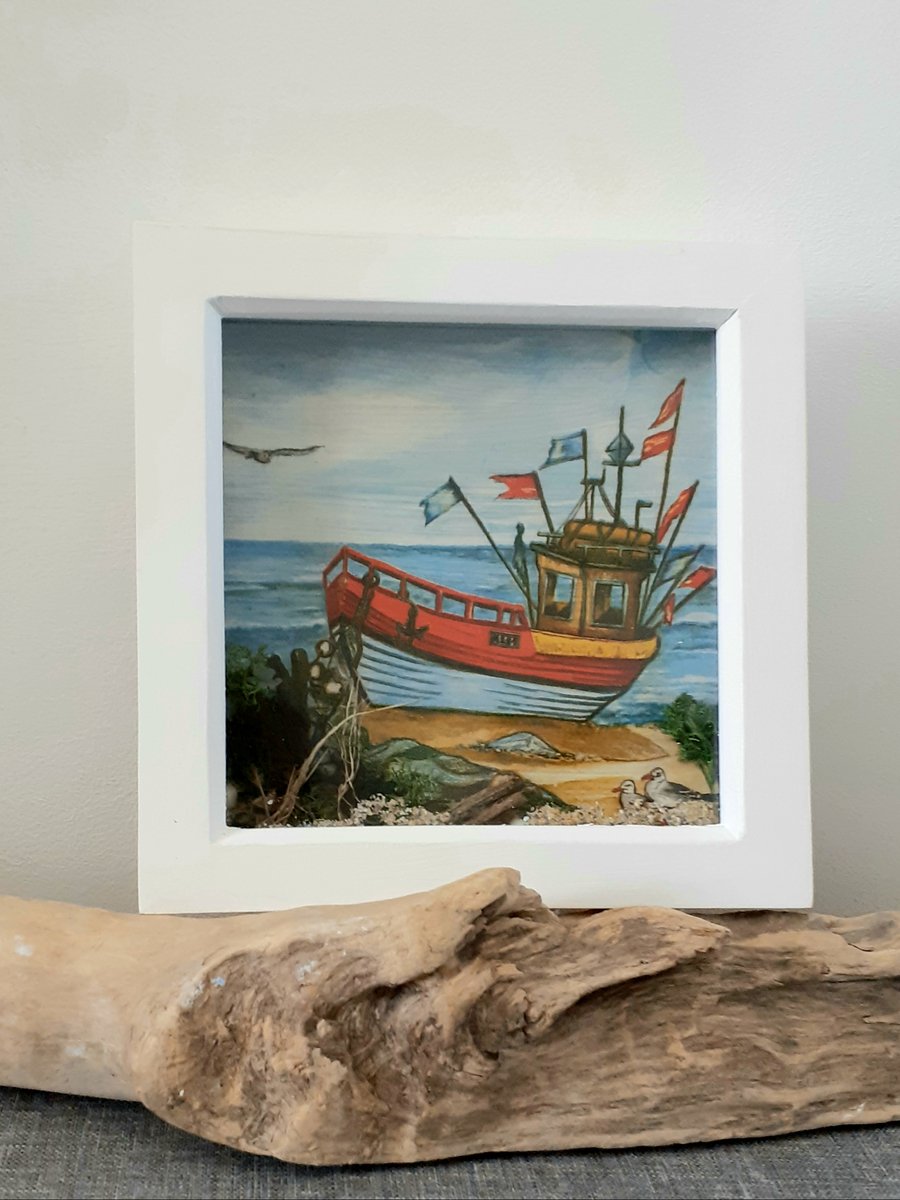 Framed Decoupaged Fishing Boat embellished with Cornish beach finds 
