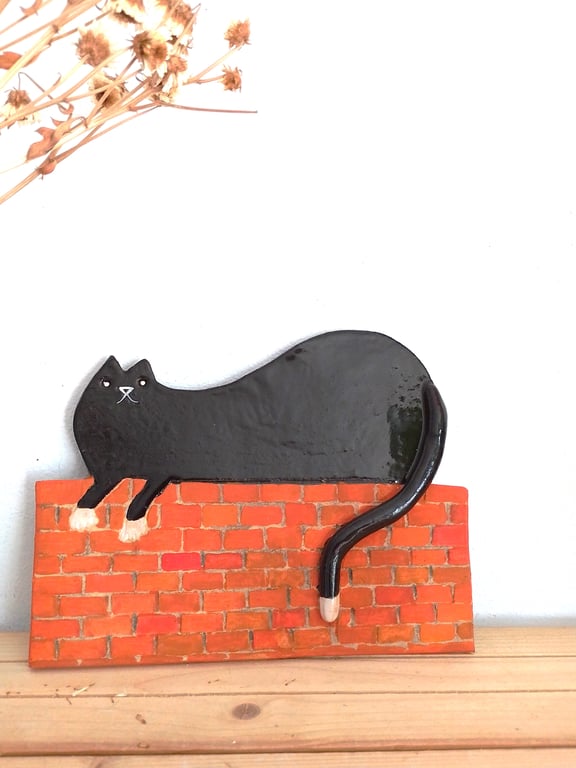 Handmade Ceramic Black Cat Wall Art, Cat on Brick Wall hanging ornament