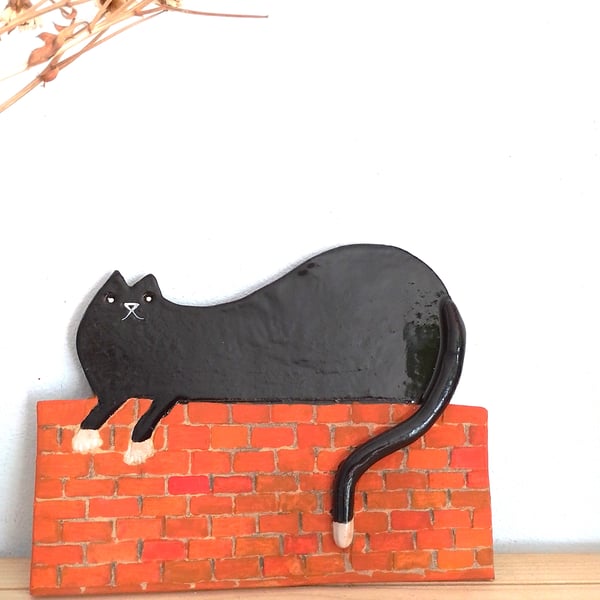 Handmade Ceramic Black Cat Wall Art, Cat on Brick Wall hanging ornament