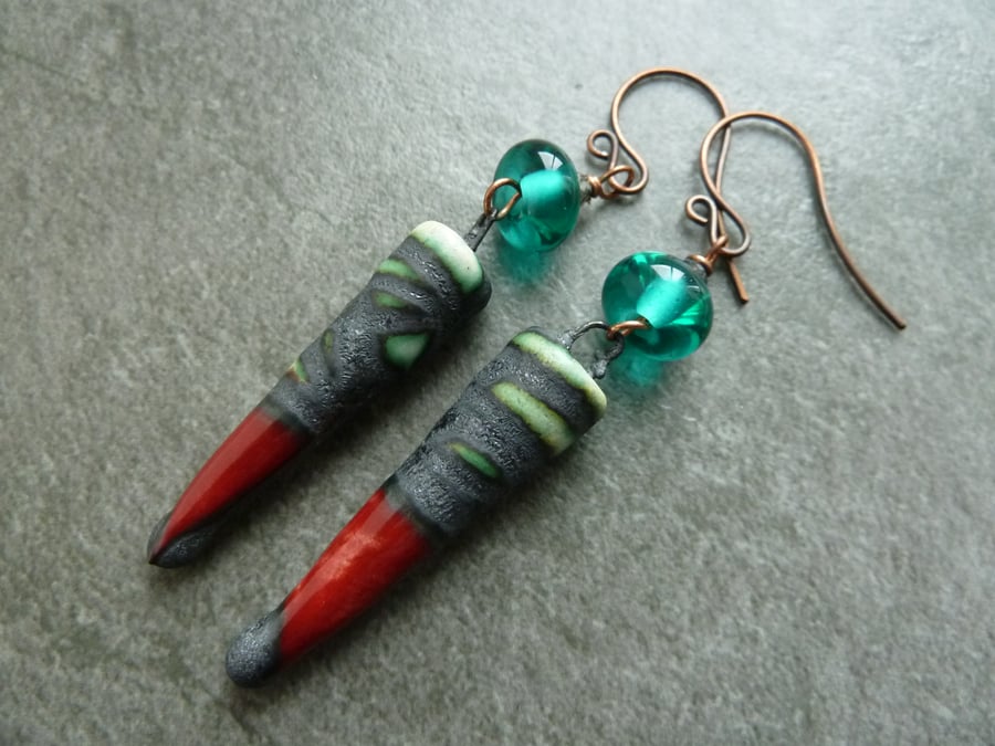 copper, teal lampwork glass and ceramic earrings