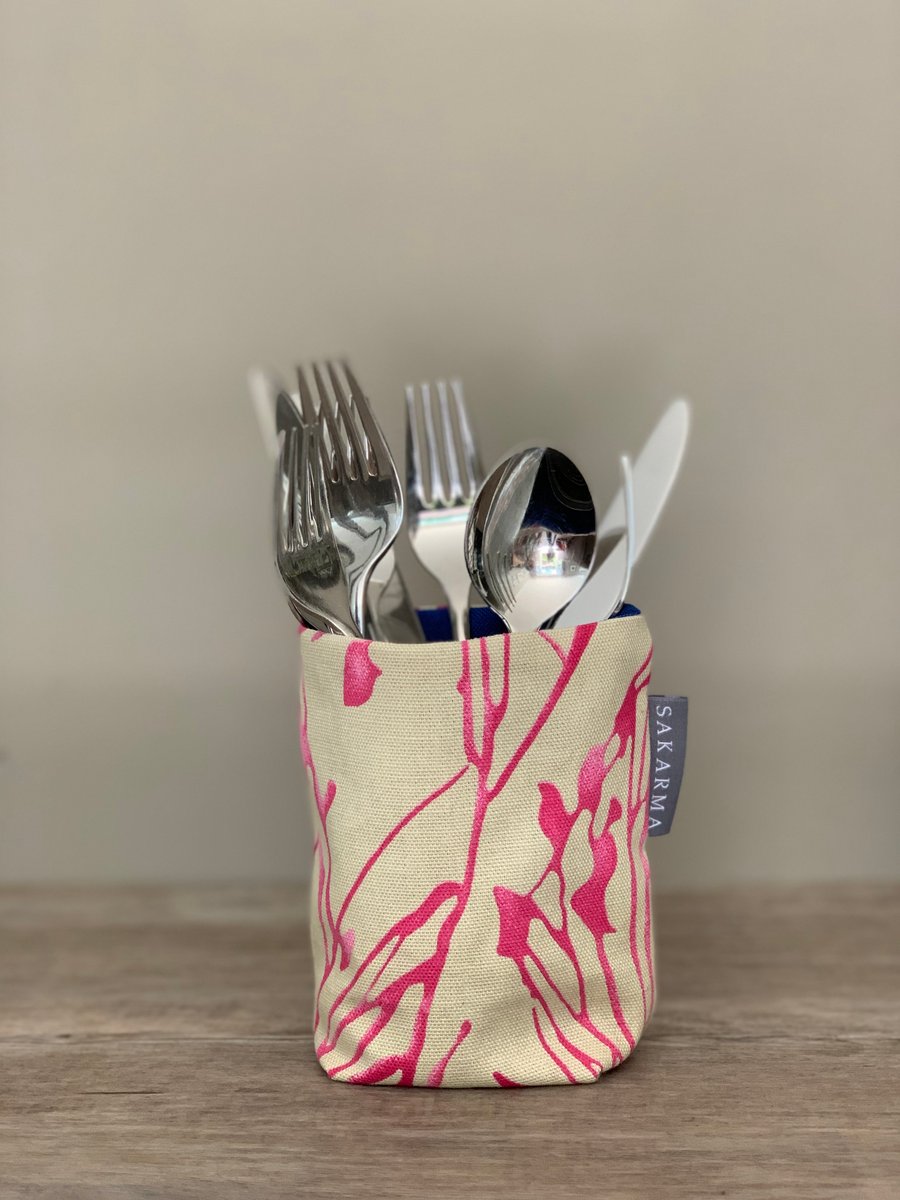 Tin Can Cosy - Pink Stems with bright blue lining