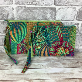 Coleus leaves zip clutch bag, Detachable wrist strap, 2 size options, Handmade