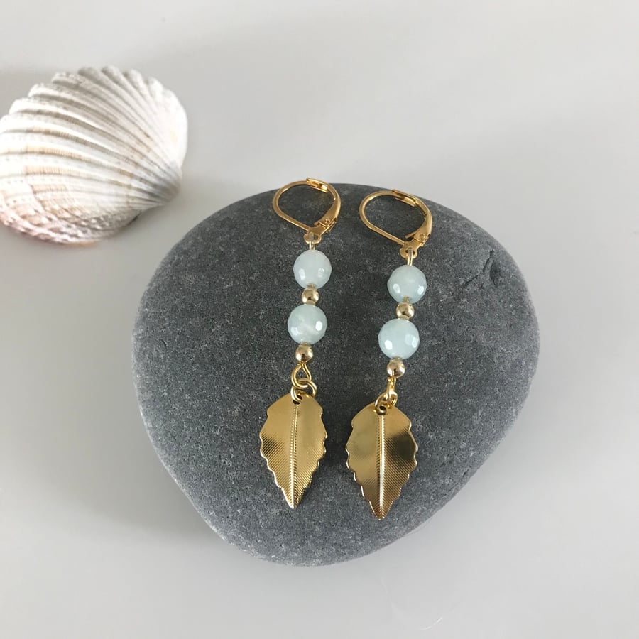 Amazonite gemstone earrings with gold plated leaves 
