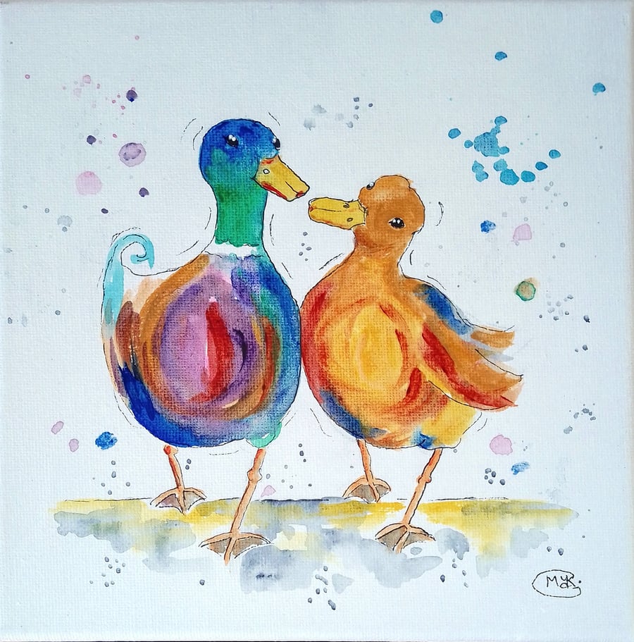 NOW SOLD  Love Birds Duck Couple original acrylic painting on canvas