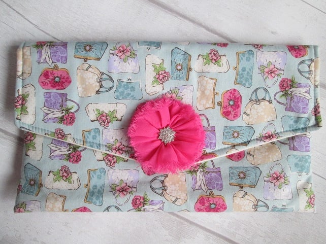 Pale Blue 'Handbag' Print Clutch Bag