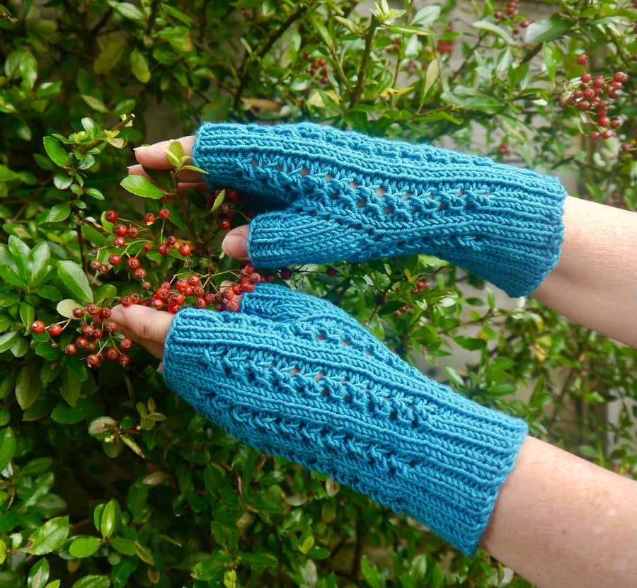 Teal Fingerless Mittens, Hand Knitted Lace Gloves